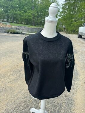 Alice Blue Black Embossed Crew Sweatshirt with Rhinestone Fringe Sleeves